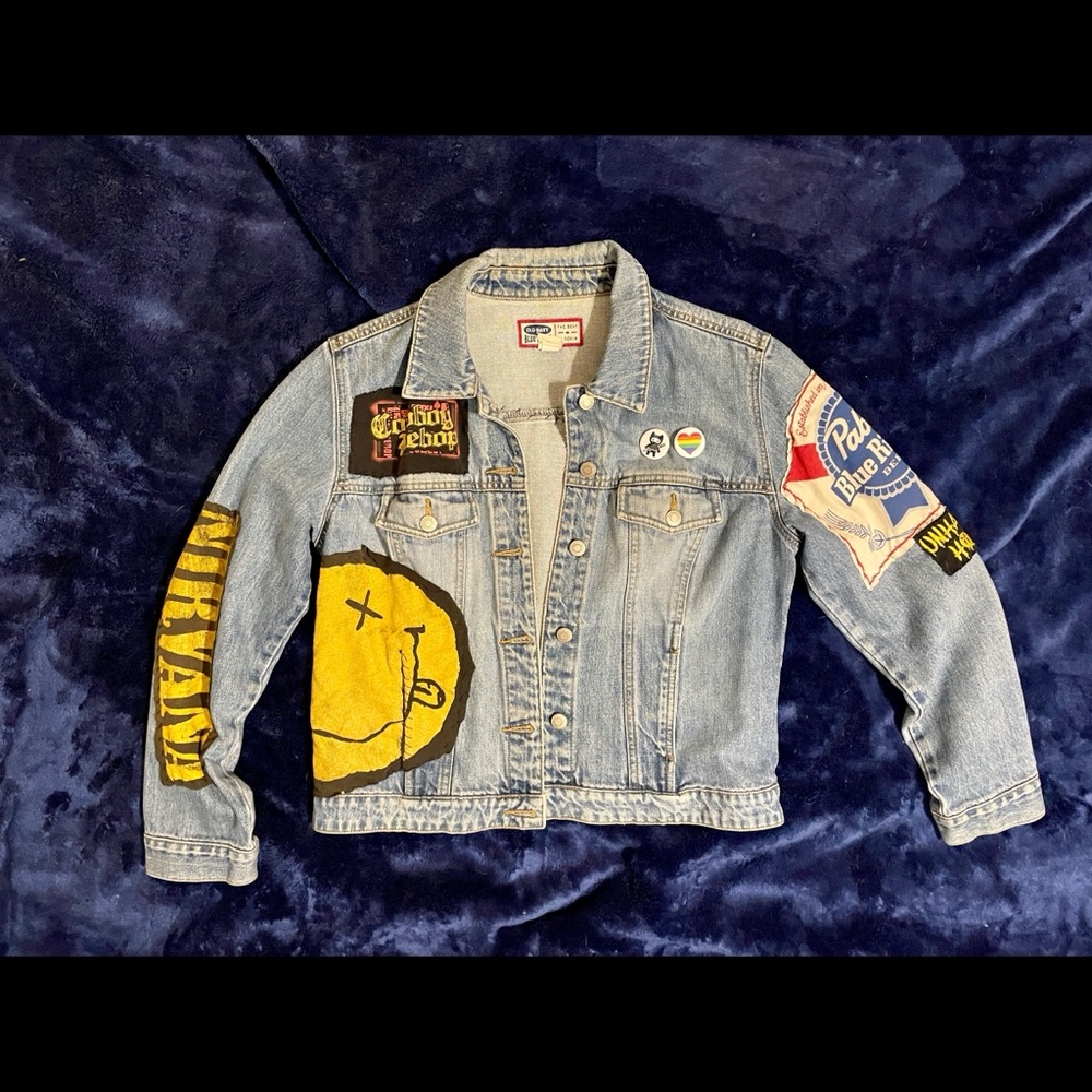 L Old Navy light wash denim jacket w/custom patchwork & pins by GlychGirl (me)